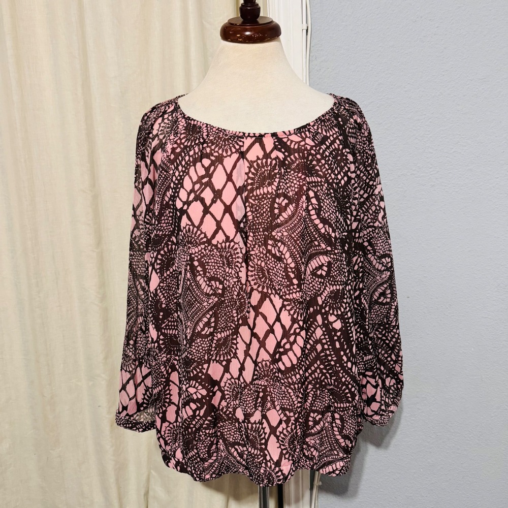 Avenue Studio Women Pink Brown Lace Print Sheer Dolman Sleeve Blouse Top Size 22